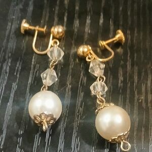 Gold-Tone Clip-On Earrings with Ivory Pearl Drops and Clear Crystal Beads
